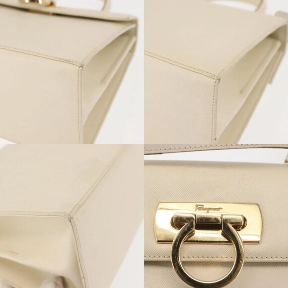 Salvatore Ferragamo Gancini Hand Bag Leather 2way White Gold Auth BA6323 - Picture 13 of 15
